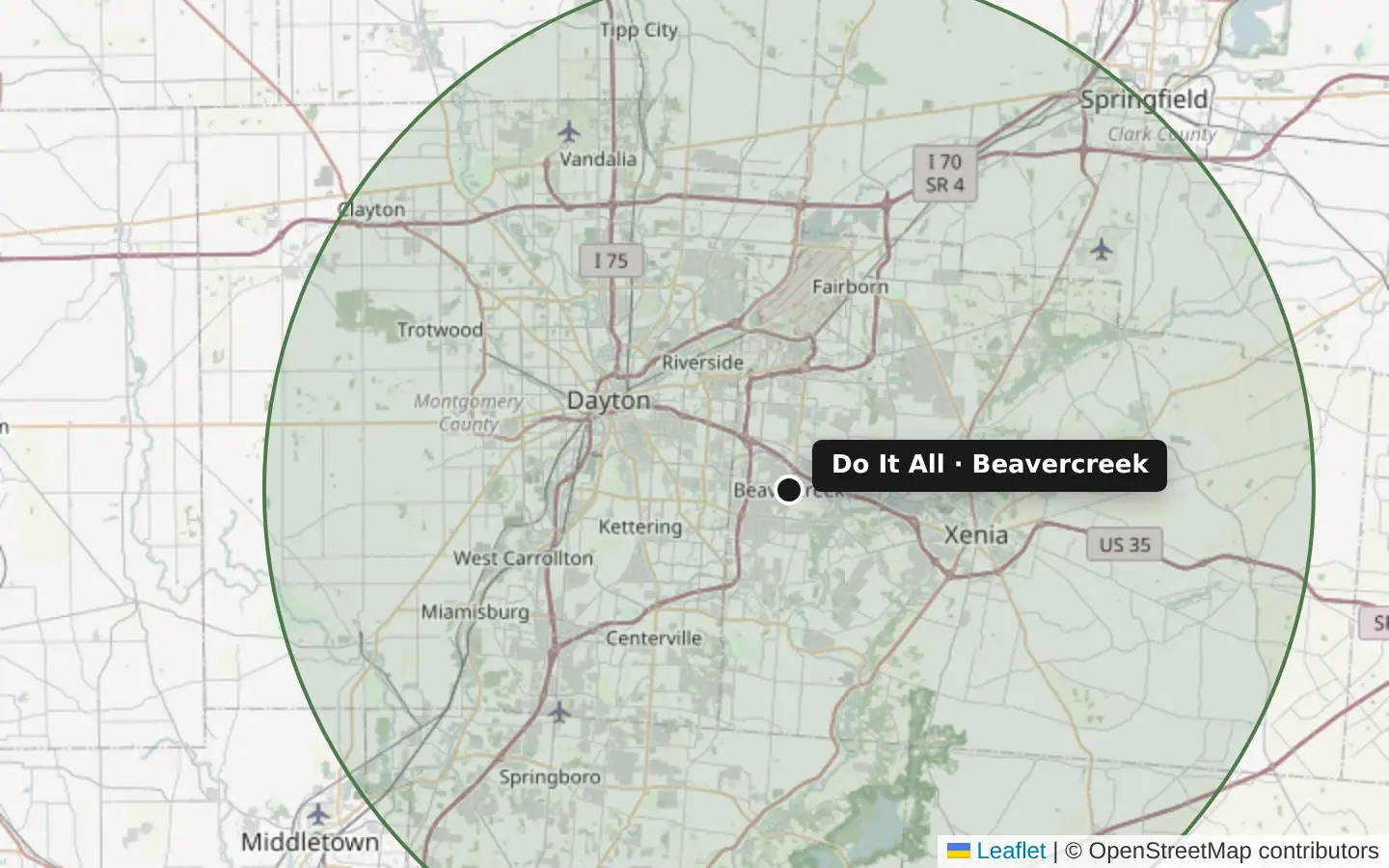 Map of the service area: roughly a 20-mile circle around Beavercreek covering Dayton, Kettering, Fairborn, Xenia, Centerville, Miamisburg and Springboro